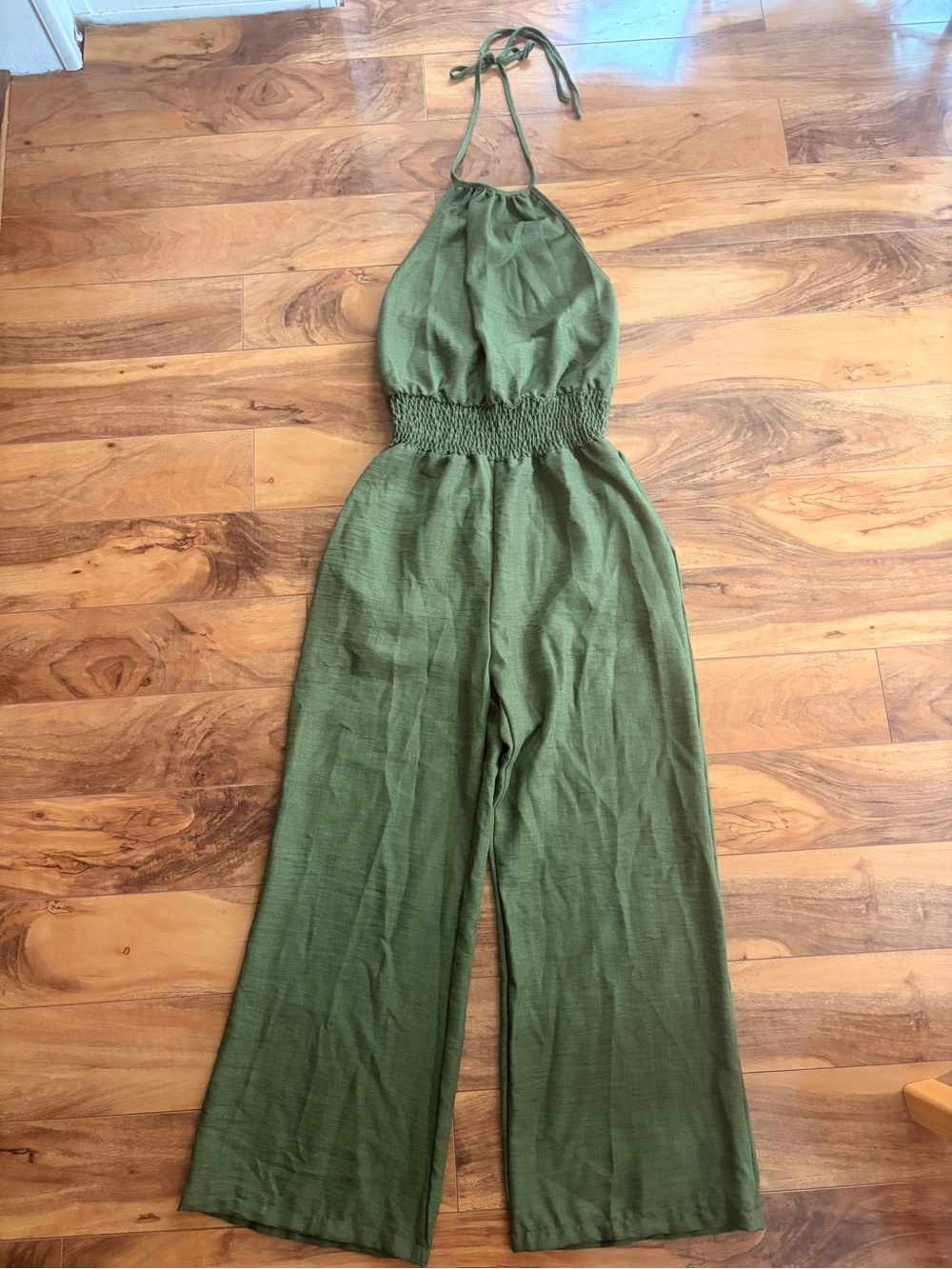 Green Halter Smocked-Waist Jumpsuit